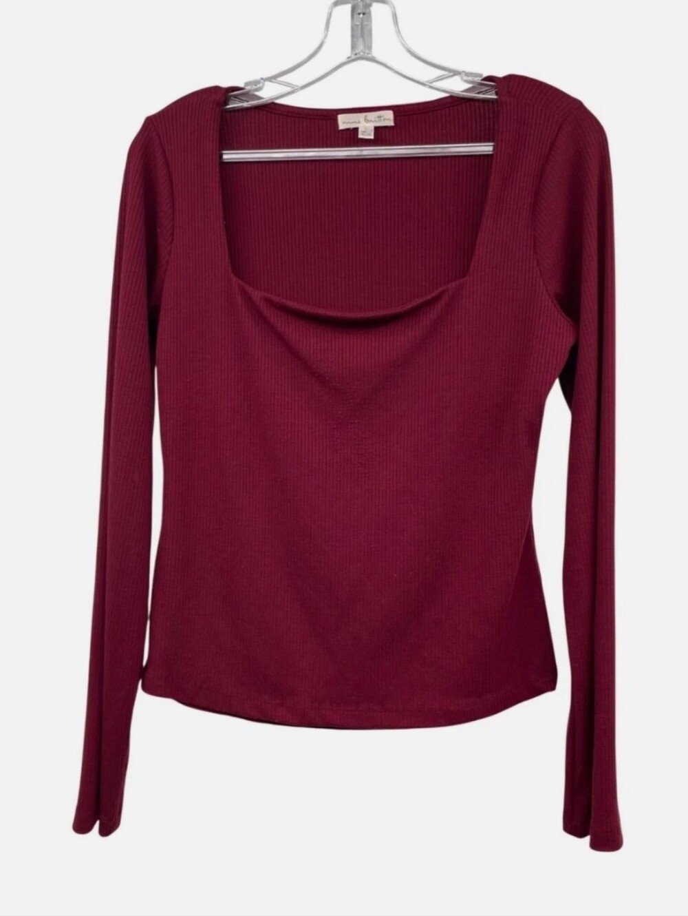 Nine Britton Womens Square Neck Top Long Sleeve Wine Ribbed - M